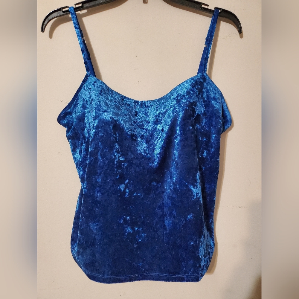 90s Blue Crushed Velvet Camisole Built In Bra 38C Adjustable Straps